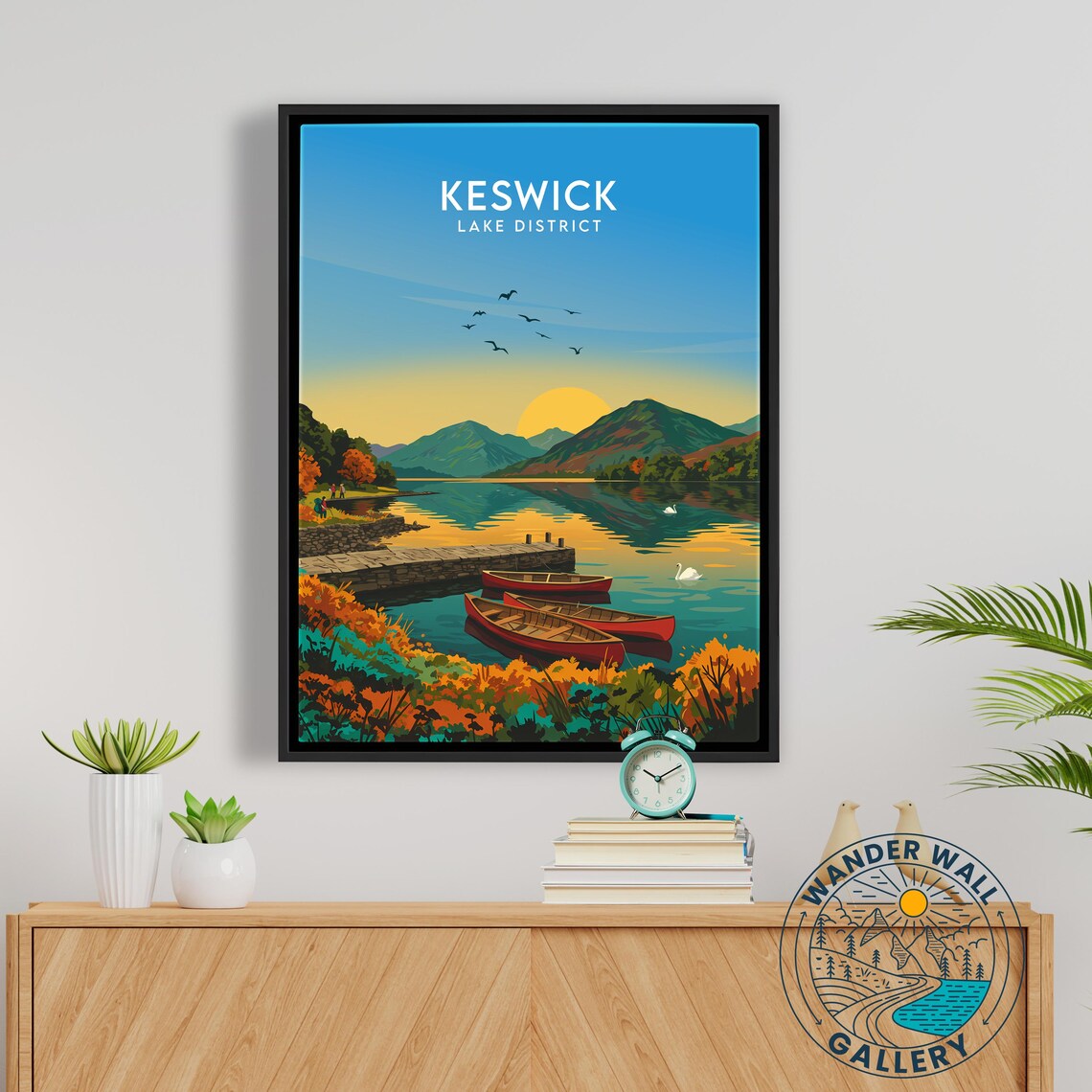 Keswick Lake District Serene Sunrise Canoes Mountain Lake Poster - Image 5