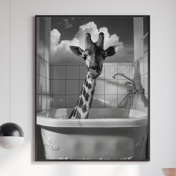 Funny Giraffe Soaking in Vintage Clawfoot Bathtub Black White Photo Poster
