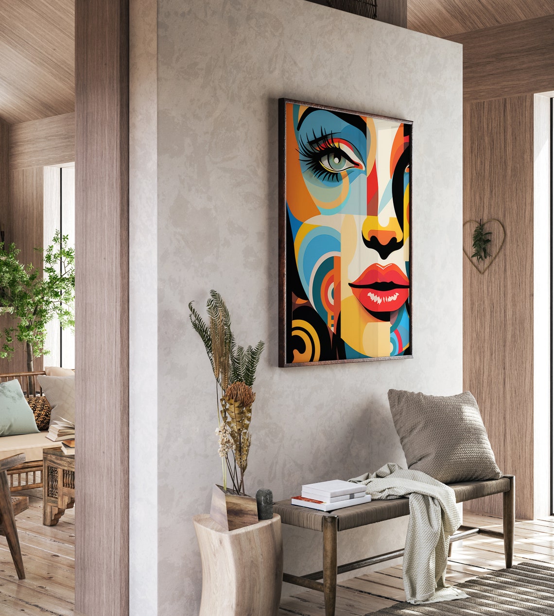 Bold Pop Art Cubist Woman Face with Red Lips and Blue Geometry Poster - Image 3