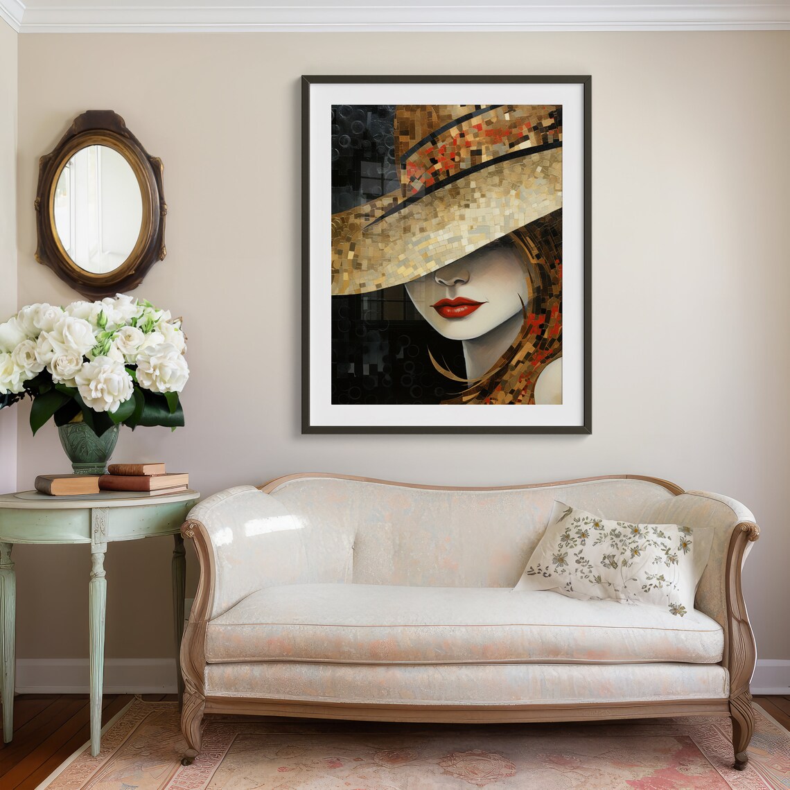 Mosaic Woman in Wide Hat with Red Lips Art Deco Style Poster - Image 5