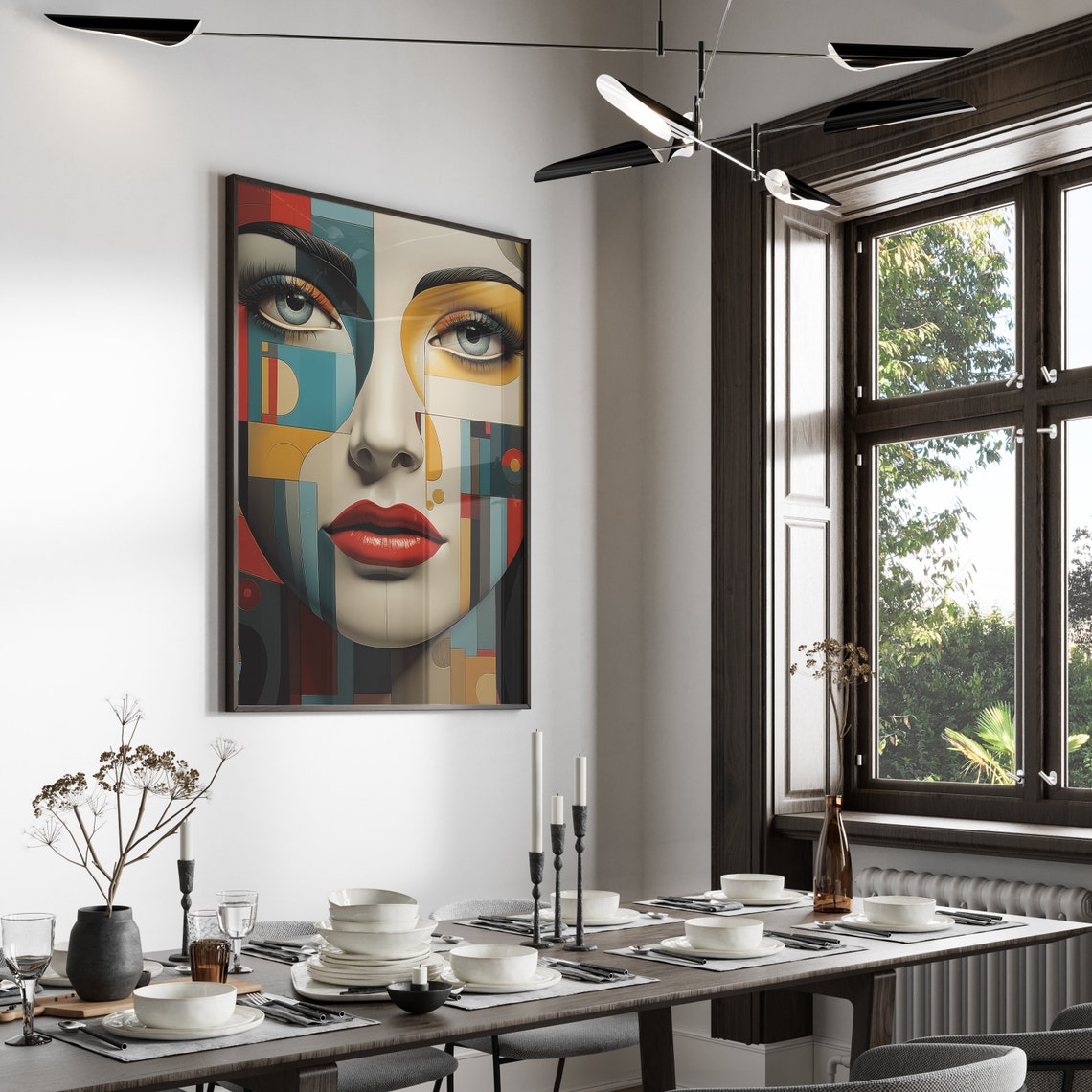 Geometric Cubist Woman Face in Teal Red and Gold Blocks Poster - Image 4