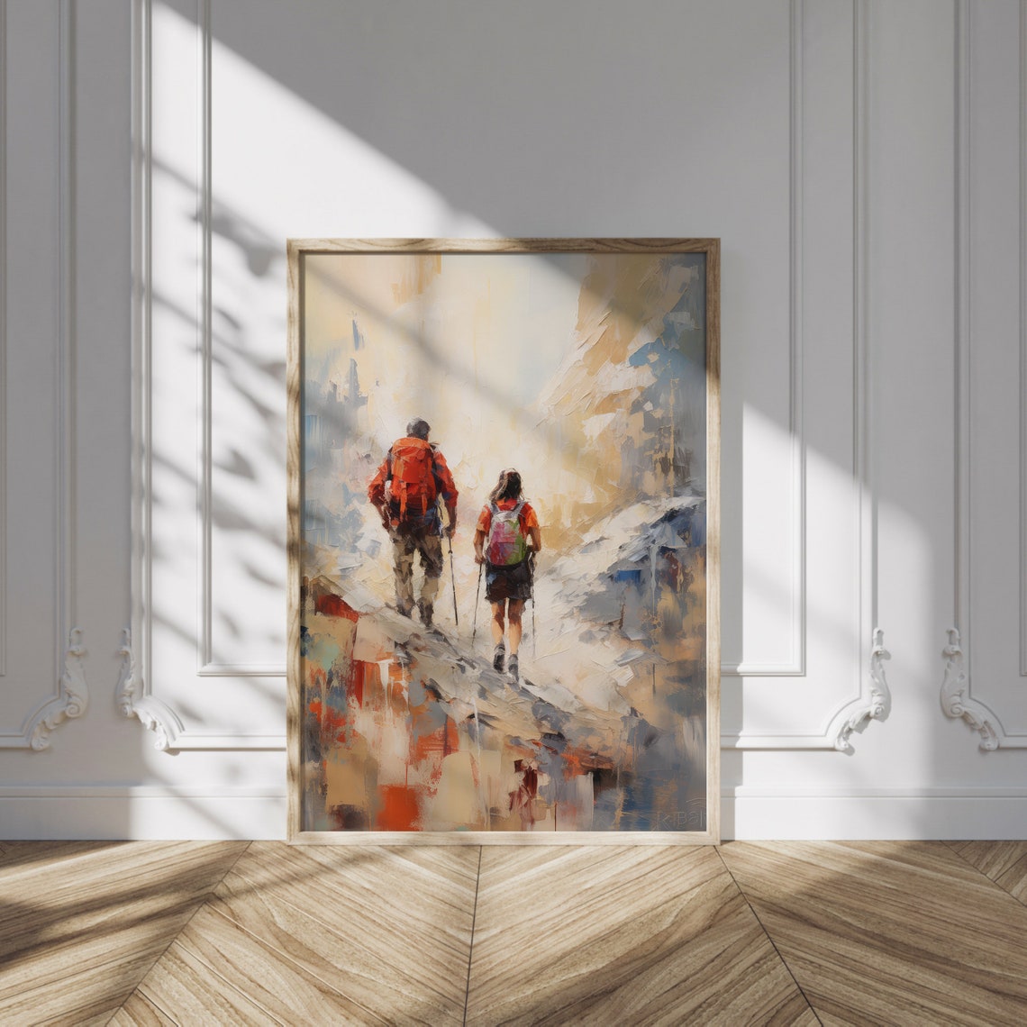 Two Hikers Climbing a Misty Mountain Trail Impressionist Art Poster - Image 2