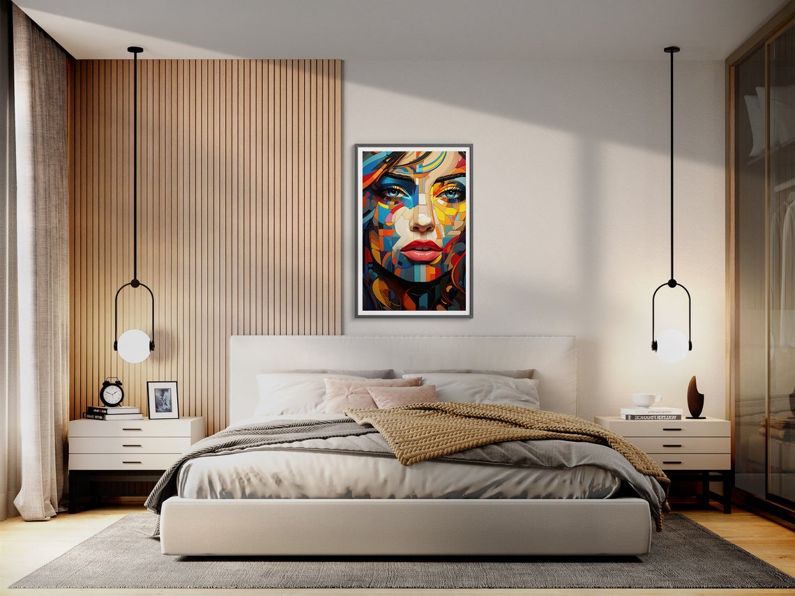 Vibrant Cubist Mosaic Woman Face with Red Lips Closeup Poster - Image 3