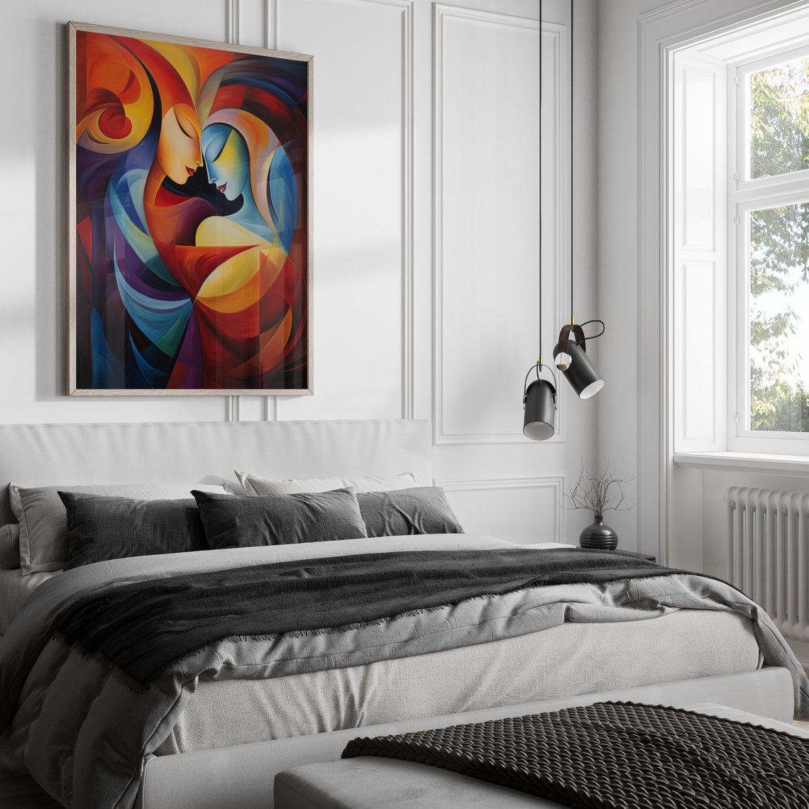Abstract Embracing Couple in Fiery Red and Deep Blue Art Poster - Image 3