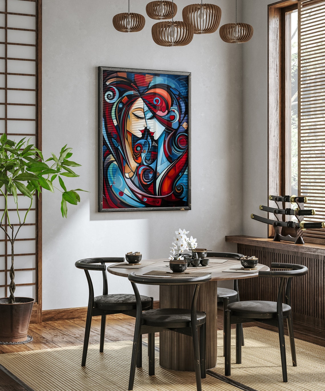 Abstract Lovers Faces Intertwined in Red and Blue Swirls Poster - Image 2