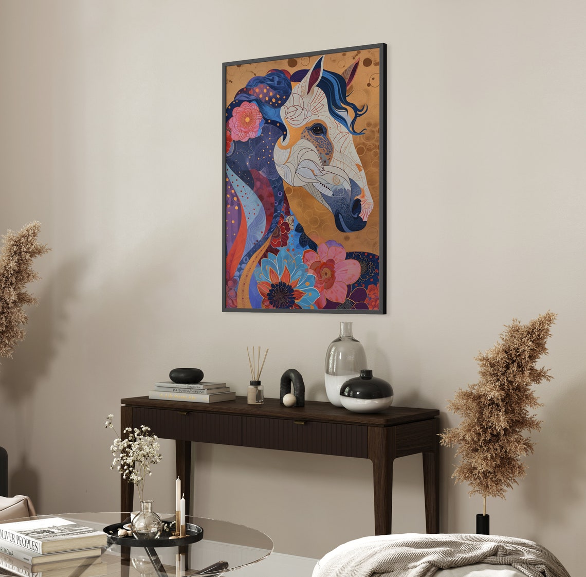 Floral Pattern Horse Head on Golden Background Equine Poster - Image 2