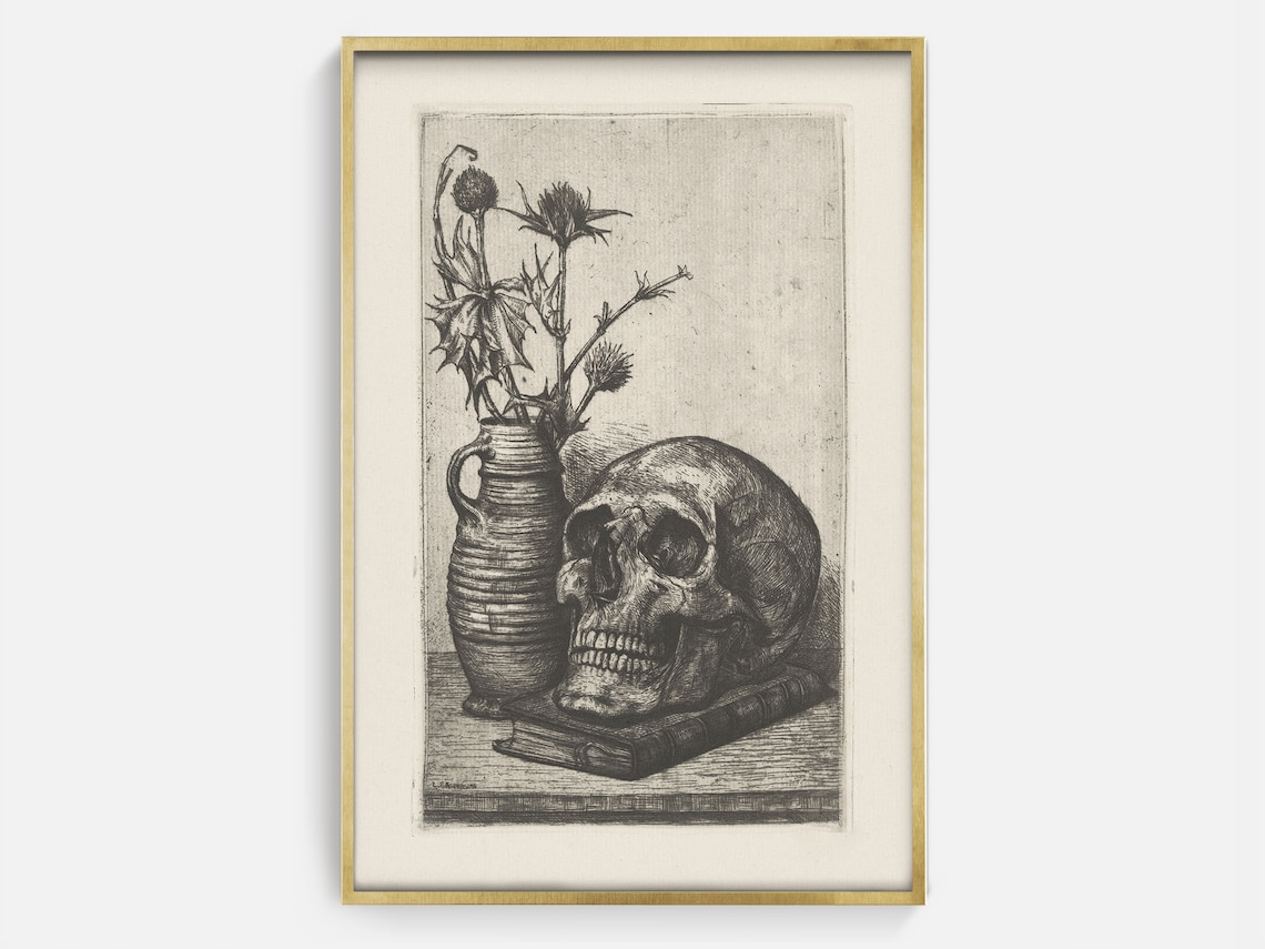 Gothic Skull Still Life Sketch, Wall Art Print