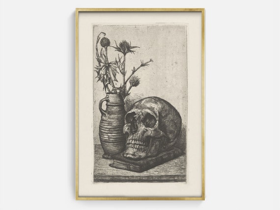 Gothic Skull Still Life Sketch, Wall Art Print