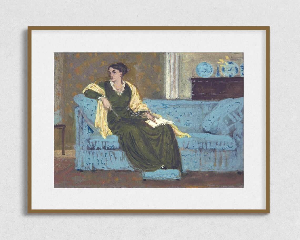 Woman Reading On Blue Sofa Pastel Vintage Interior Oil Painting Poster - Image 2