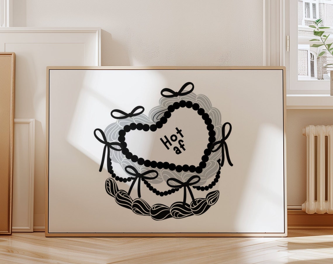 Hot Af Black White Cute Girly Heart Cake Bow Coquette Wall Art