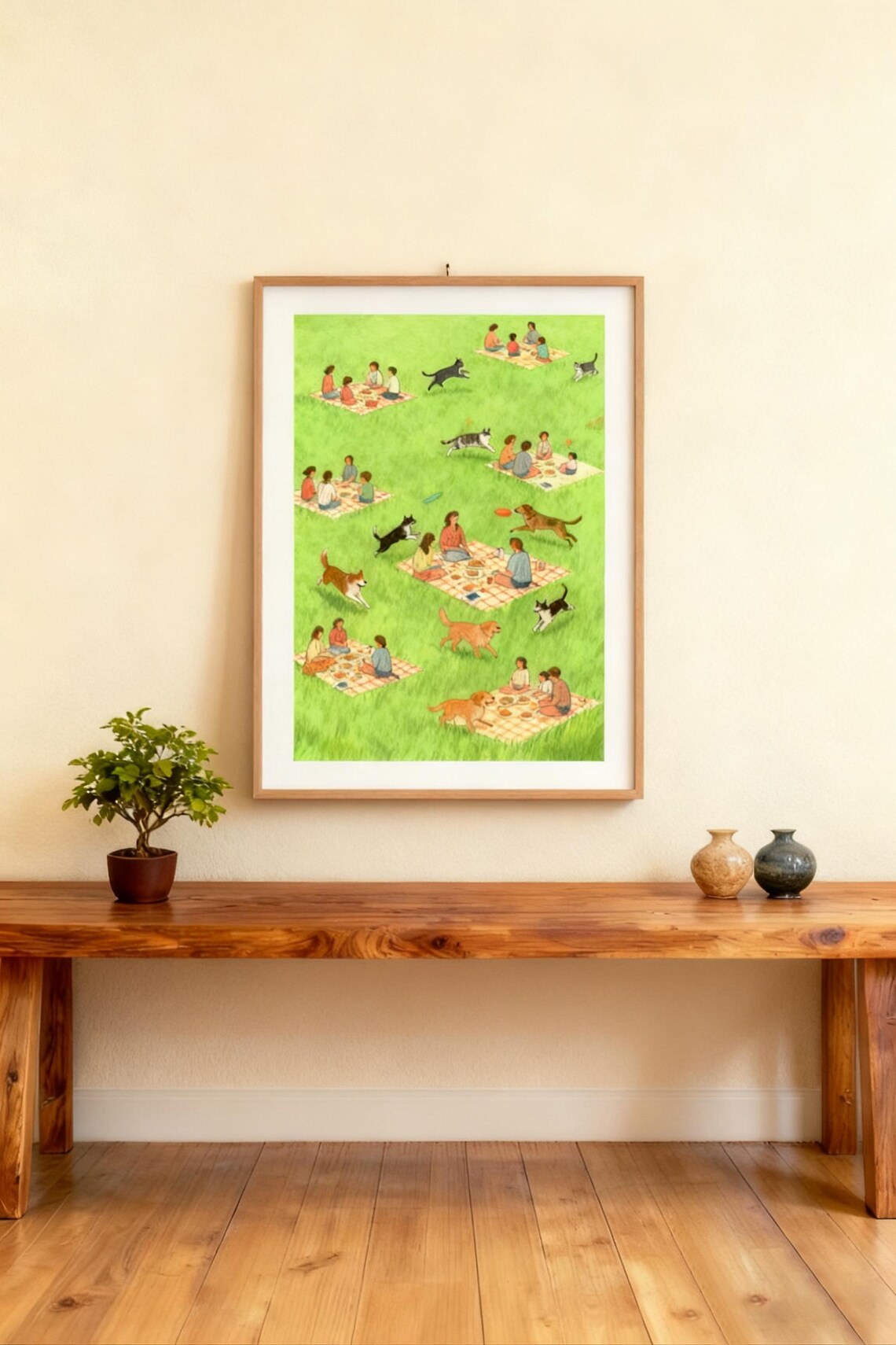 Picnic In The Park Dogs Playing Watercolor Whimsical Dog Lovers Poster
