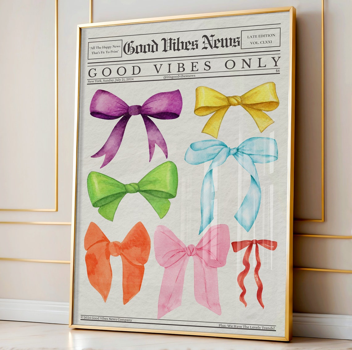 Trendy Newspaper Print Bows Wall Art Girly Wall Decor Good Vibes News Art Dorm Wall Print