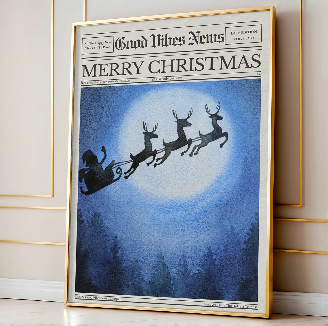 Merry Christmas Newspaper Poster Santa Sleigh Moonlight Reindeer Scene Art - Image 3
