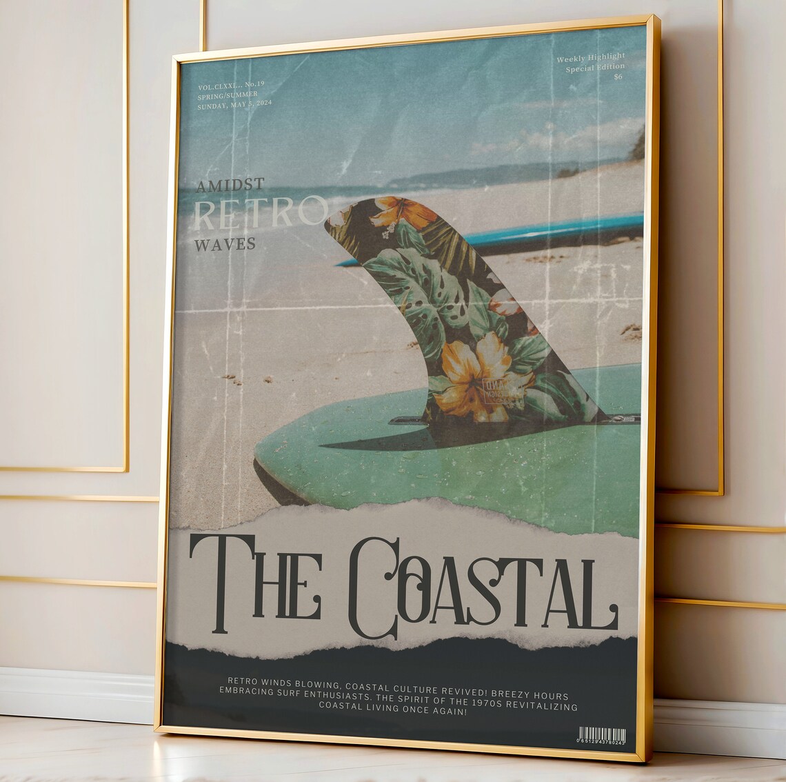 The Coastal Amidst Retro Waves Floral Surfboard Fin 1970s Surf Culture Poster
