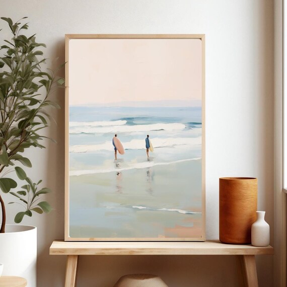 Two Surfers Walking Into The Ocean Pastel Watercolor Beach Poster