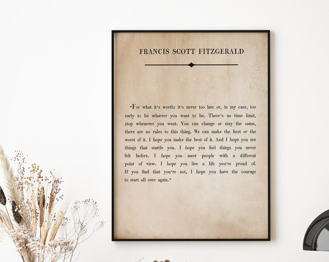 Francis Scott Fitzgerald Never Too Late To Be Quote Book Page Poster