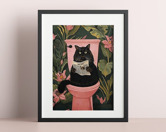 Bathroom Black Cat Reading Newspaper Funny Jungle Decor Wall Art
