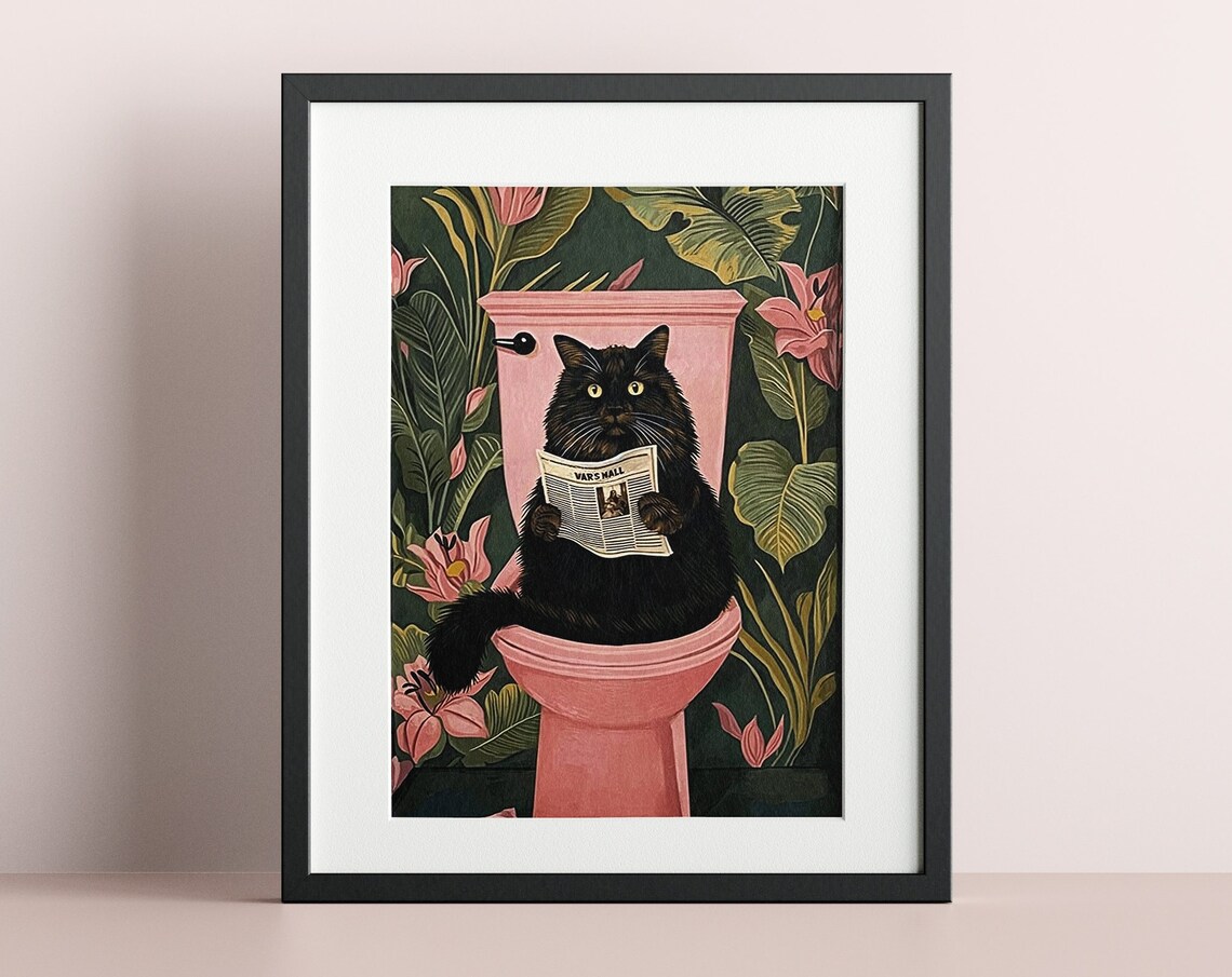 Bathroom Black Cat Reading Newspaper Funny Jungle Decor Wall Art