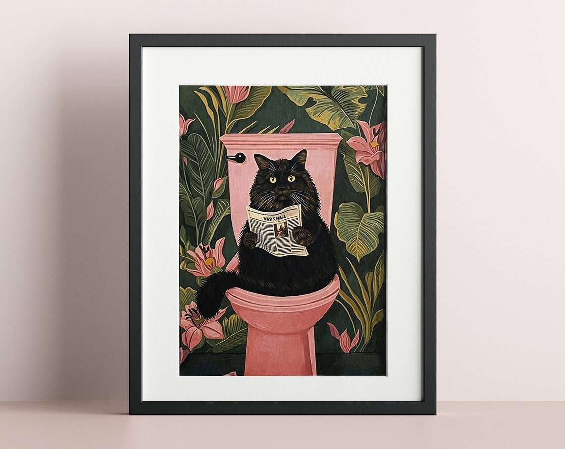 Bathroom Black Cat Toilet Print Washroom Wall Decor Funny Pooping Poster Restroom Art Boho Maximalist