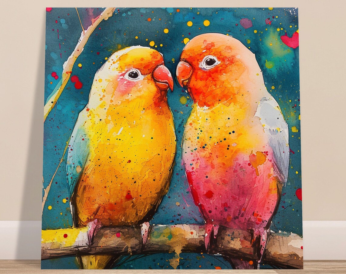 Lovebirds Watercolor Art Print, Abstract Bird Art