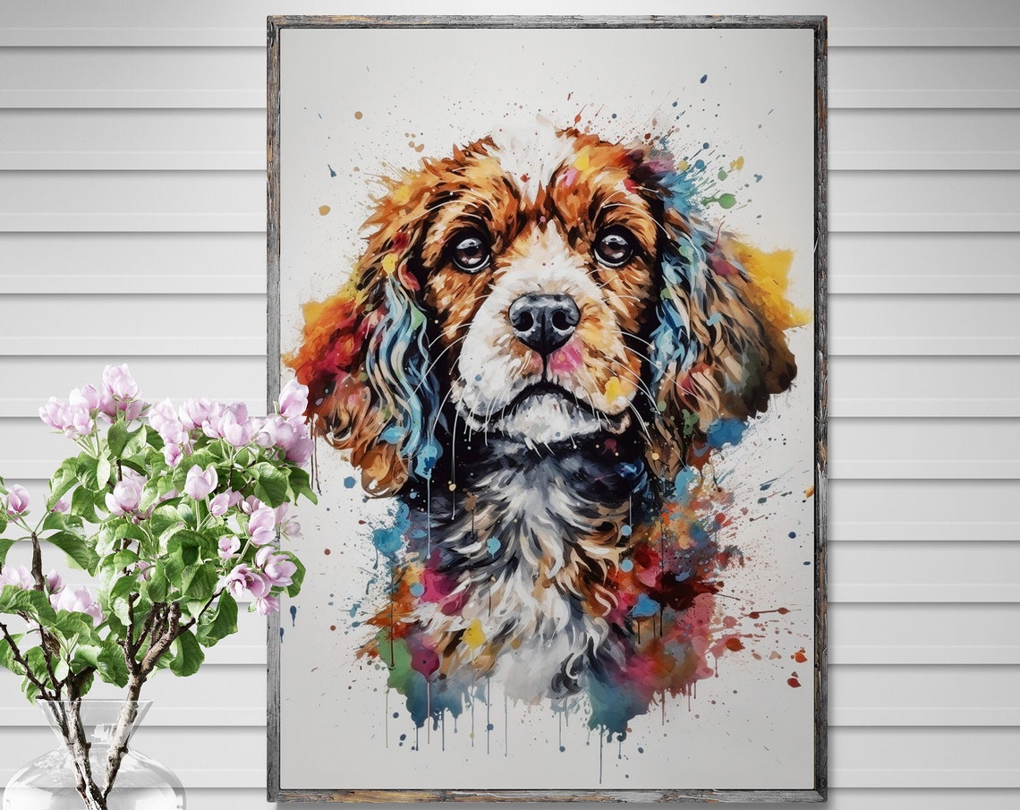 Cavapoo Watercolour Portrait Colourful Paint Splash Dog Art Poster