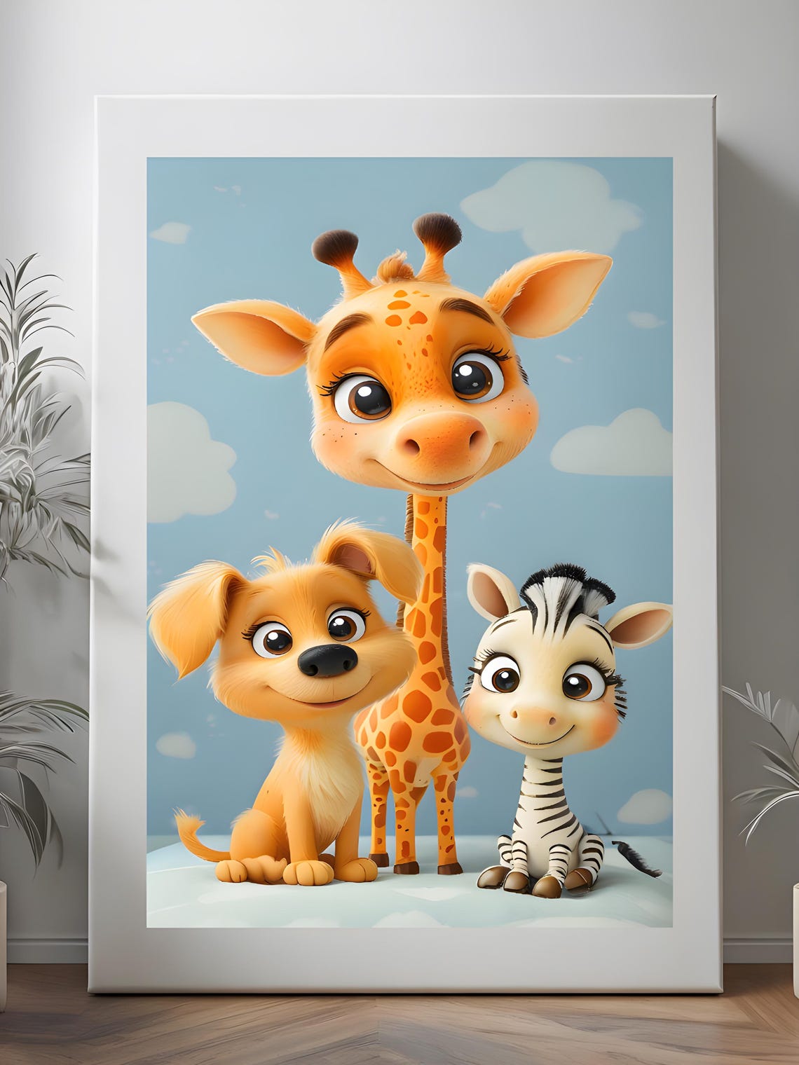Adorable Baby Giraffe Puppy and Zebra Cartoon Nursery Poster
