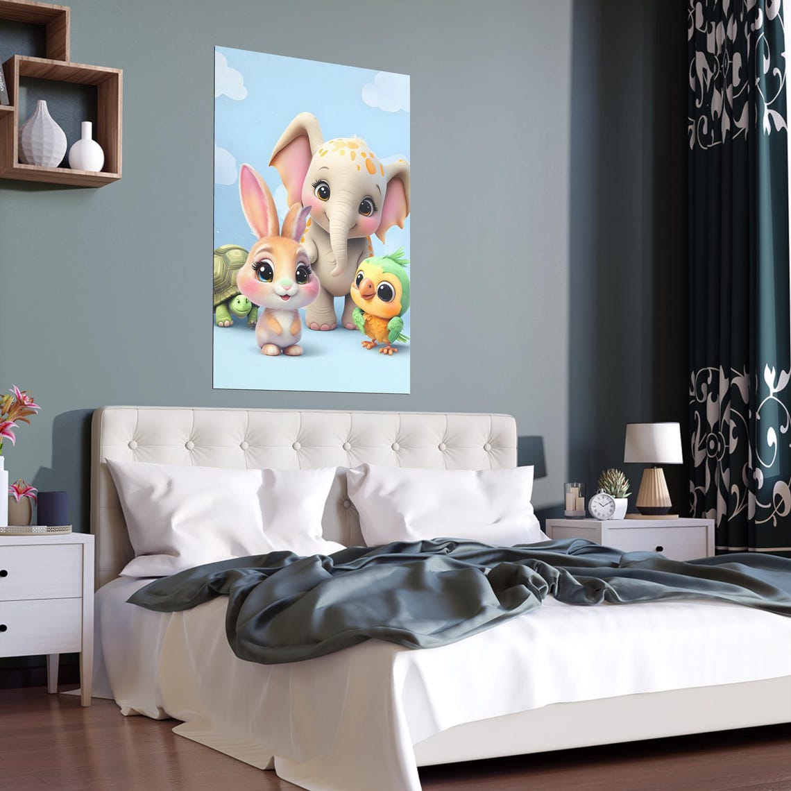 Cute Baby Elephant Bunny Bird and Turtle Nursery Room Poster - Image 2