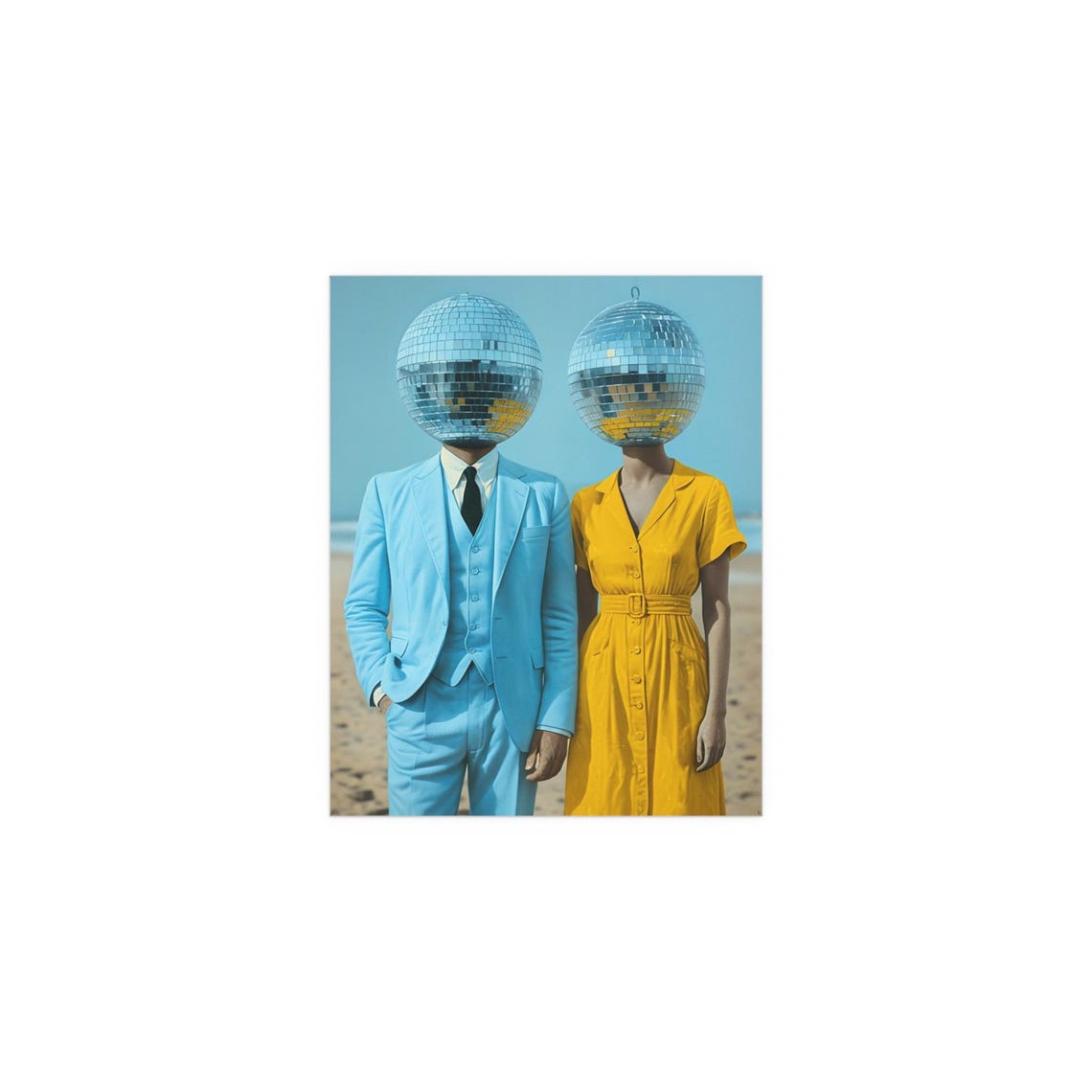 Surreal Retro Couple With Disco Ball Heads on the Beach Poster