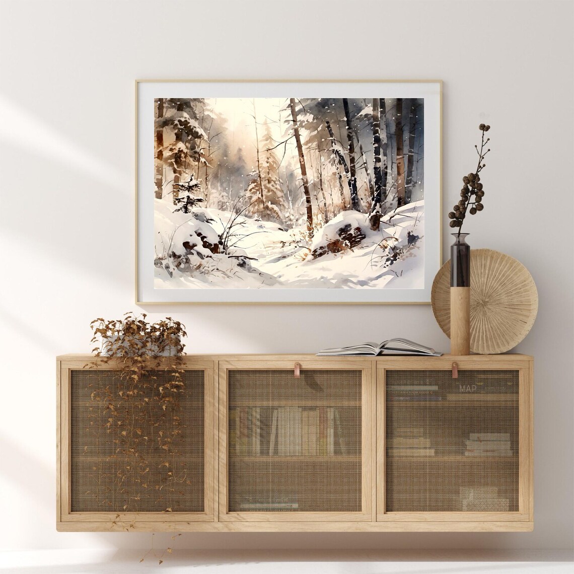 Sunlit Snowy Birch Pine Forest Winter Glow Watercolor Woodland Poster - Image 3