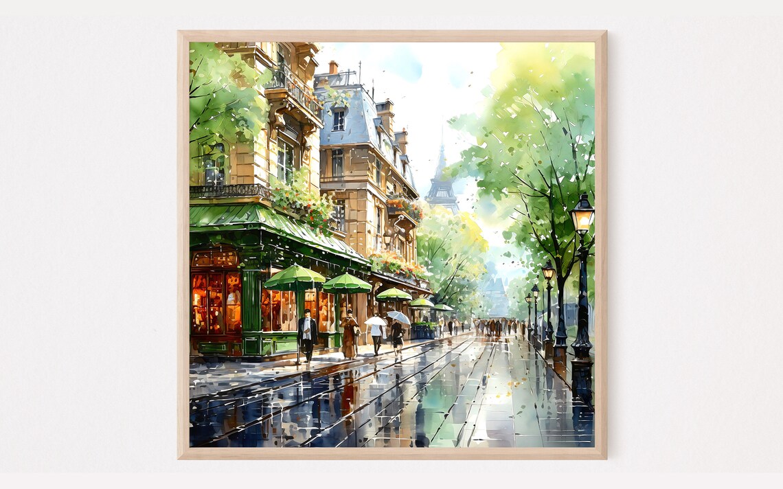 Paris Watercolor Travel Poster, France Street Scene