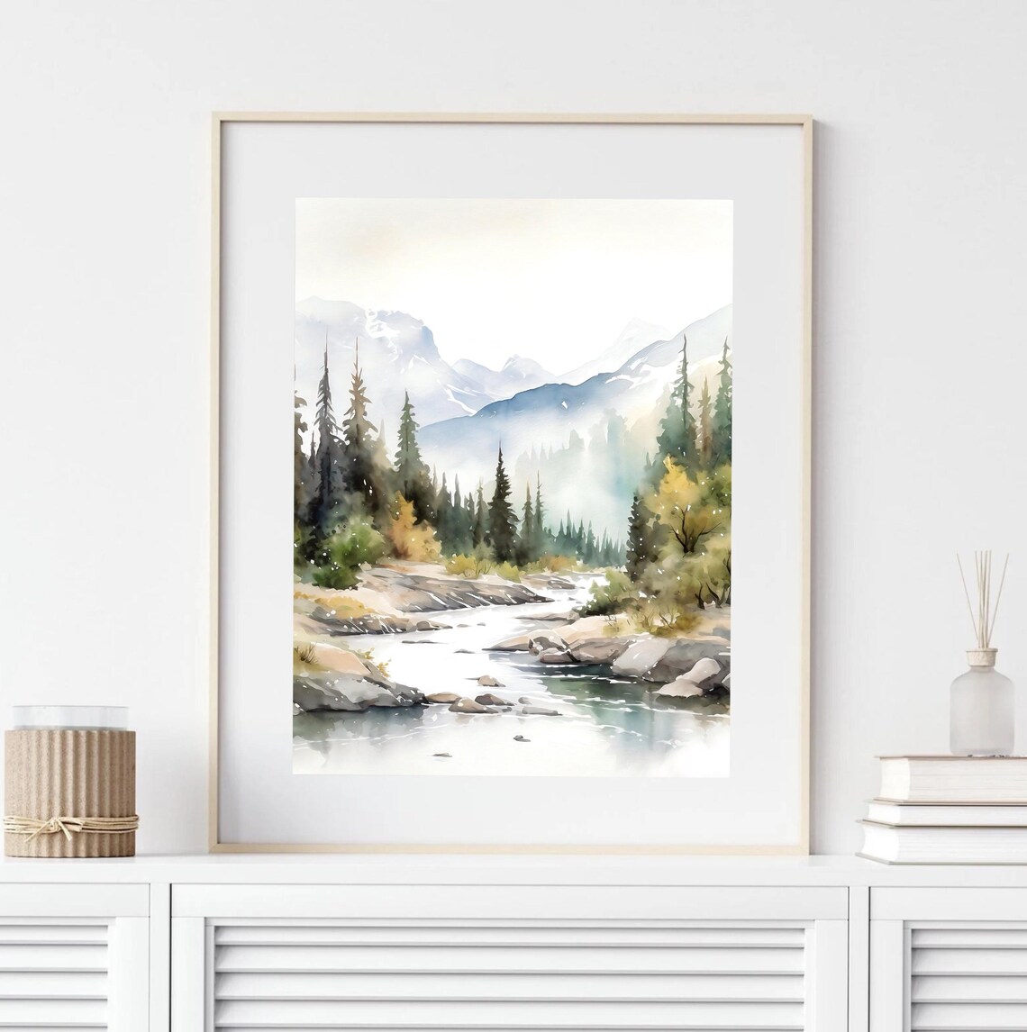 Mountain River Pine Forest Watercolor Landscape Nature Art Print - Image 5
