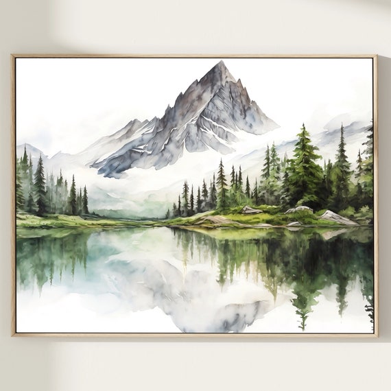 Mountain Lake Watercolor Mountains Painting Wall Art Panoramic Landscape Home Decor Gift
