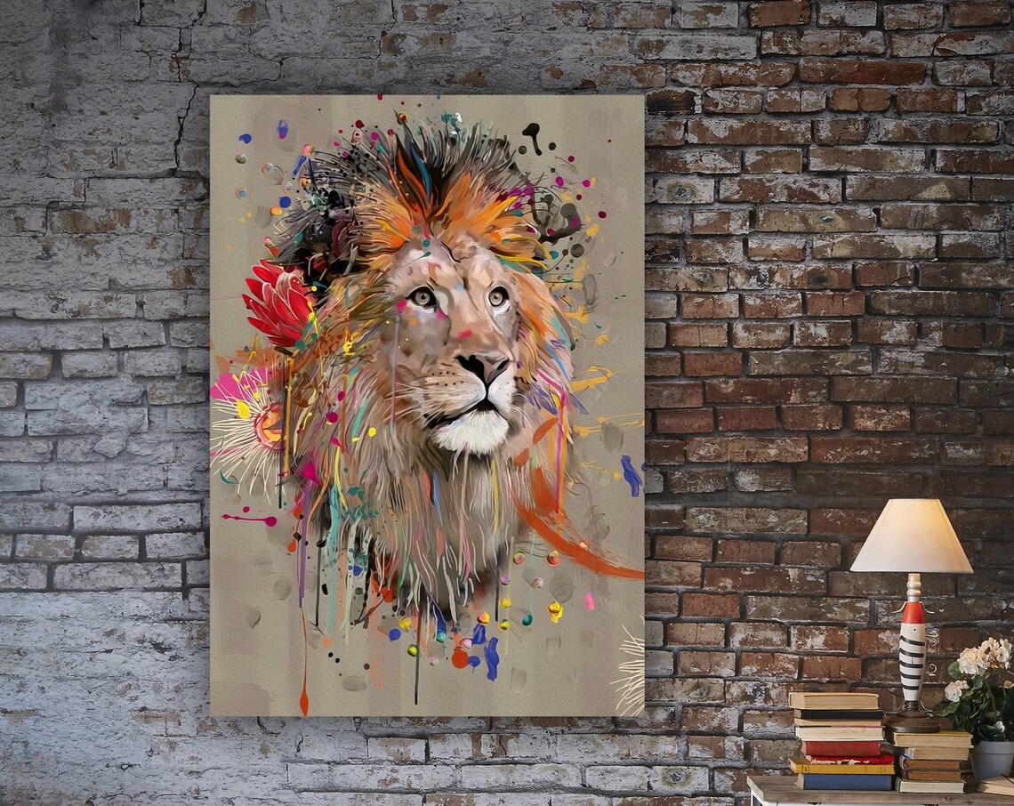 Colorful Lion Paint Splatter Abstract Wildlife Portrait Art Poster
