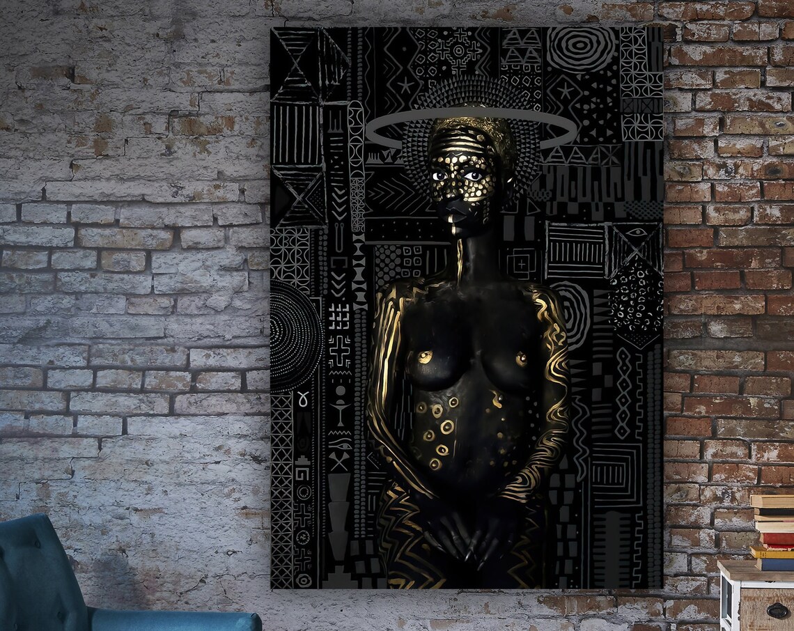 Golden Tribal African Woman Black Background Ethnic Art Portrait Print