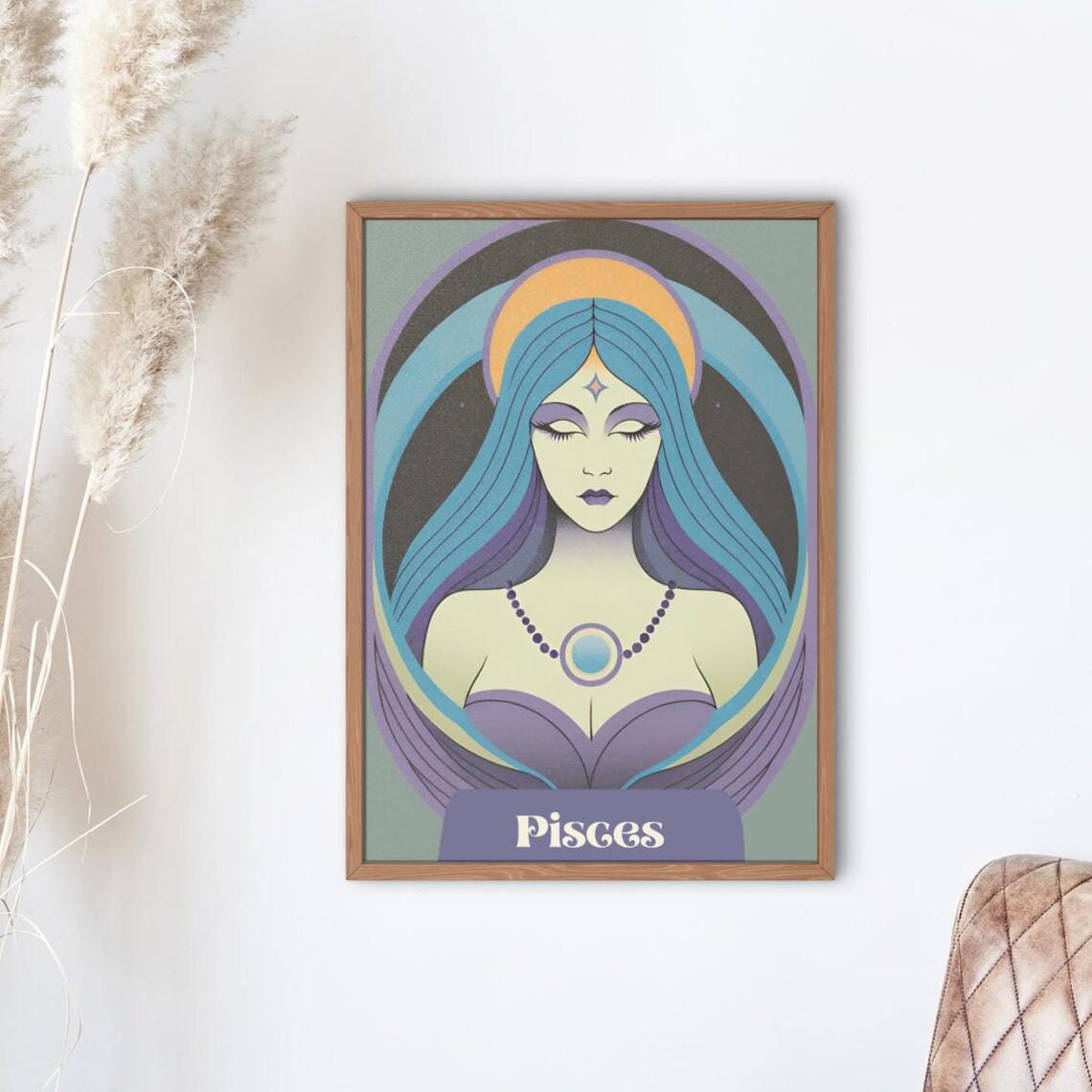 Pisces Zodiac Woman Art Nouveau Mystical Witch Astrology Wall Poster