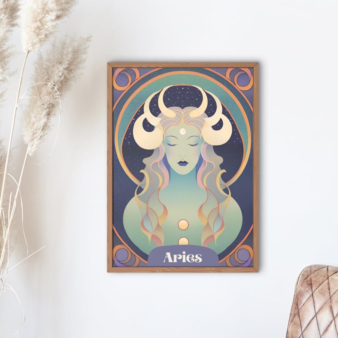 Aries Zodiac Goddess Mystical Art Nouveau Ram Horns Astrology Wall Art