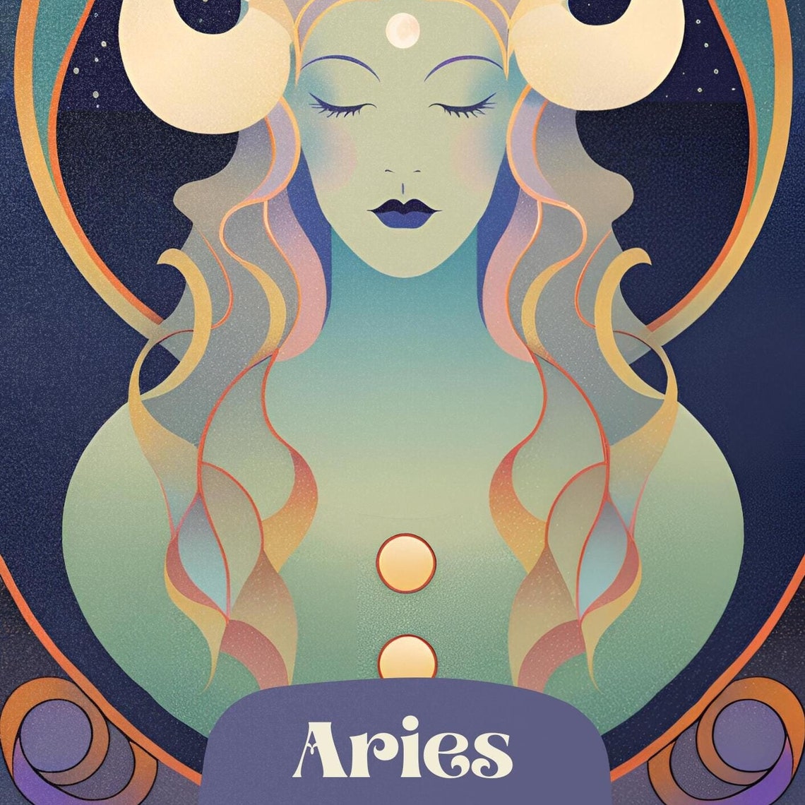 Aries Zodiac Goddess Mystical Art Nouveau Ram Horns Astrology Wall Art - Image 3