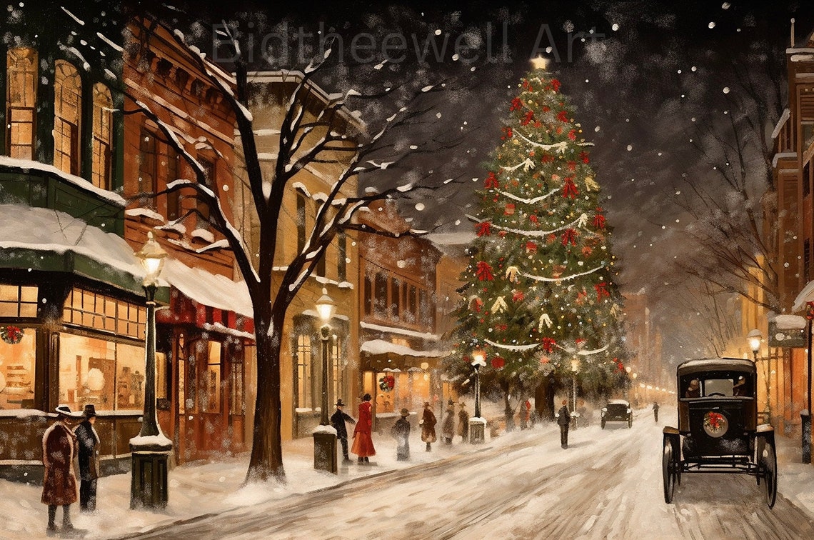Snowy Christmas Main Street Tree Vintage Night Town Scene Poster - Image 2