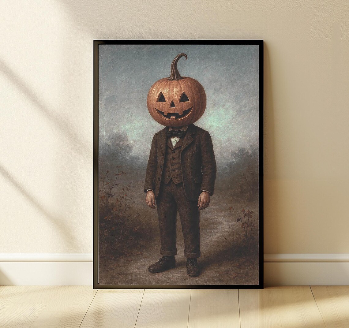 Vintage Pumpkin Head Boy In Brown Suit Halloween Portrait Poster