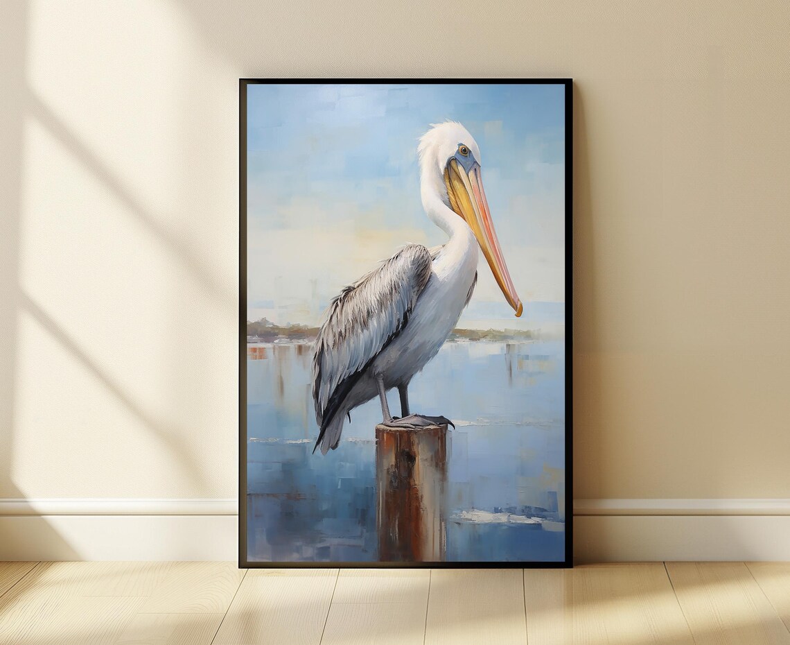 Elegant White Pelican Resting on a Wooden Pier Post Coastal Poster