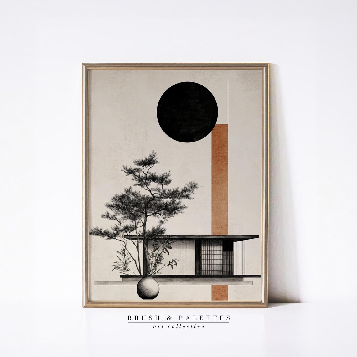 Japanese Architecture Minimalist Zen House Black Sun And Pine Tree Poster