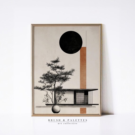 Japanese Architecture Minimalist Zen House Black Sun And Pine Tree Poster