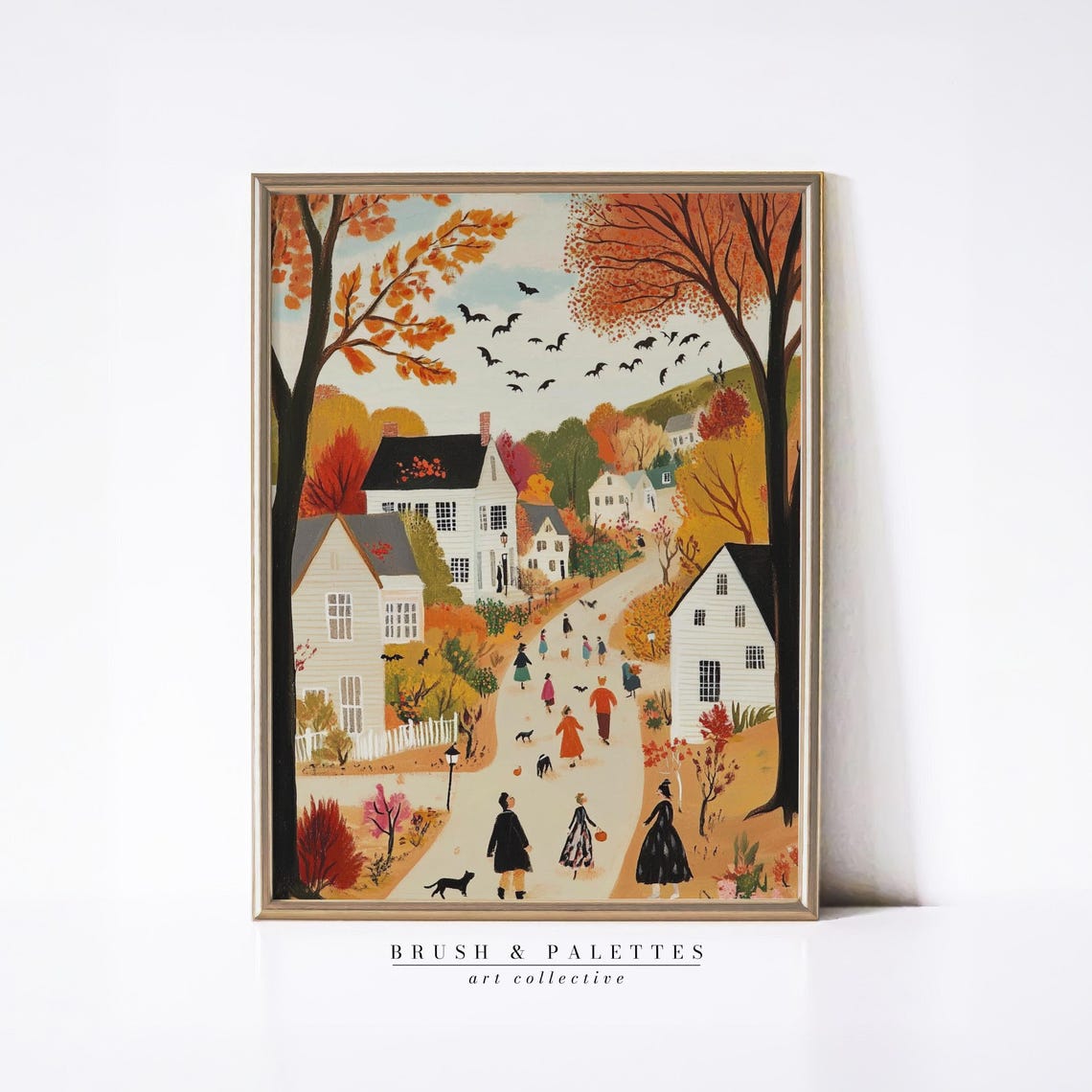 Fall Autumn Cityscape Art Print, Cozy Beige Decor