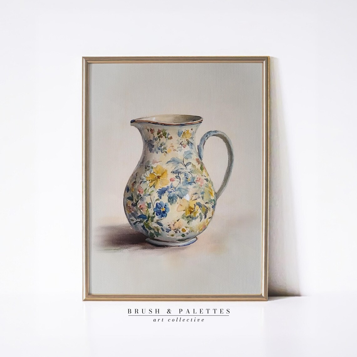 Floral Chintz Ceramic Jug Delicate Watercolor Still Life Print
