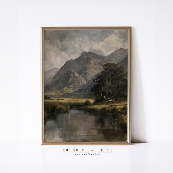 Mountain Valley With Lake Print Vintage Landscape Wall Decor Highland Nature Art For Lodge Rustic Or Farmhouse Homes