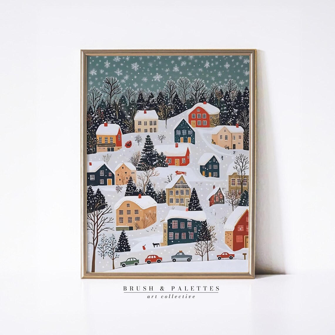 Snowy Village Winter Painting, Whimsical Holiday Town