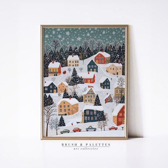 Snowy Village Winter Painting, Whimsical Holiday Town