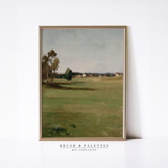 Countryside Meadow With Trees Print Rustic Village Landscape Painting Farmhouse Nature Wall Art Country Living Room Decor