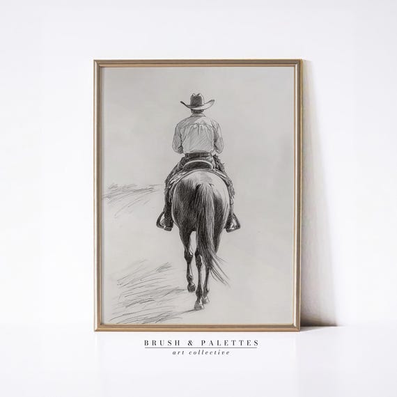 Cowboy On Horseback Sketch Print Western Pencil Drawing Wall Decor Rustic Art For Lodge Or Homes