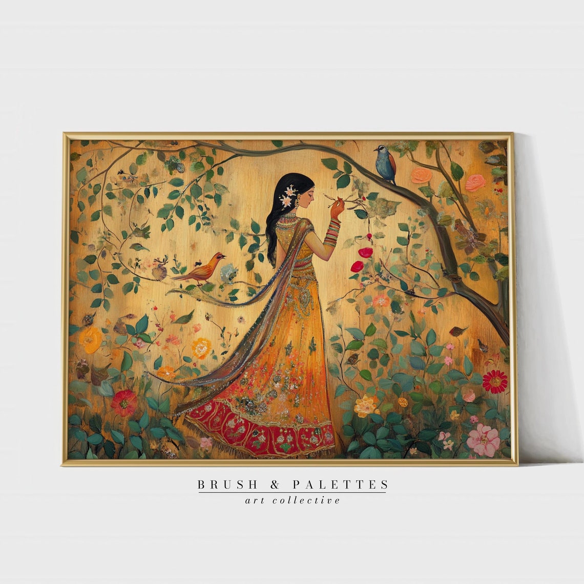 Woman Painting Print Traditional Floral Garden Wall Art Cultural Decor For Living Room By Brushandpalettes